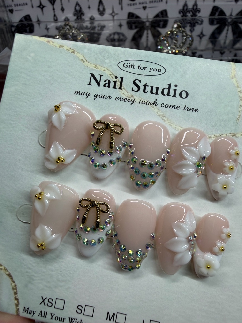 Pink 3D Floral & Rhinestone Press-On Nails Size Large